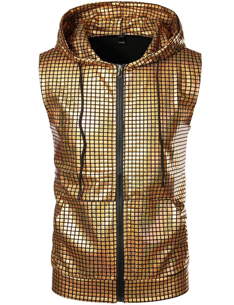 ZEROYAA Mens Hipster Metallic Sequins Zip Up Sleeveless Hooded Vest T Shirt with Kangaroo Pocket ZLSV17 Gold Large - Image 1